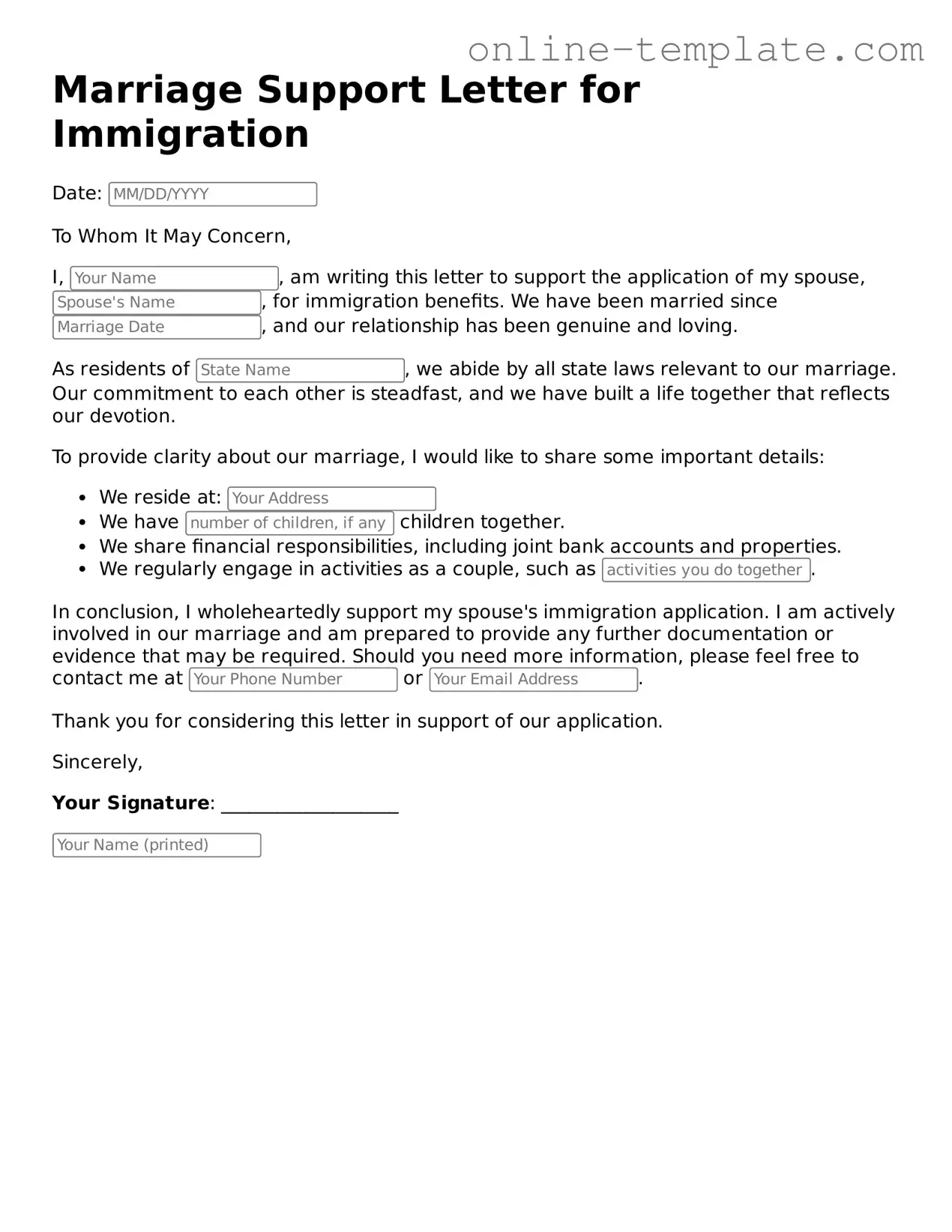 Official Marriage Support Letter for Immigration Template