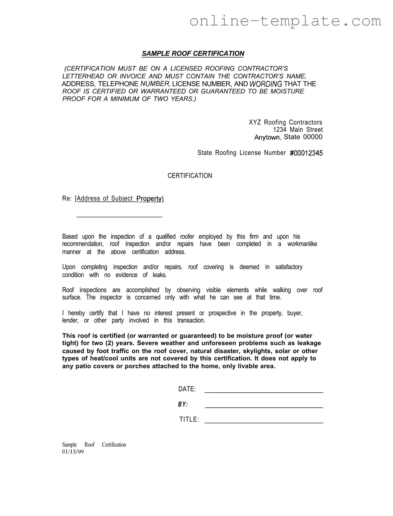 Free Sample Roof Certification PDF Template