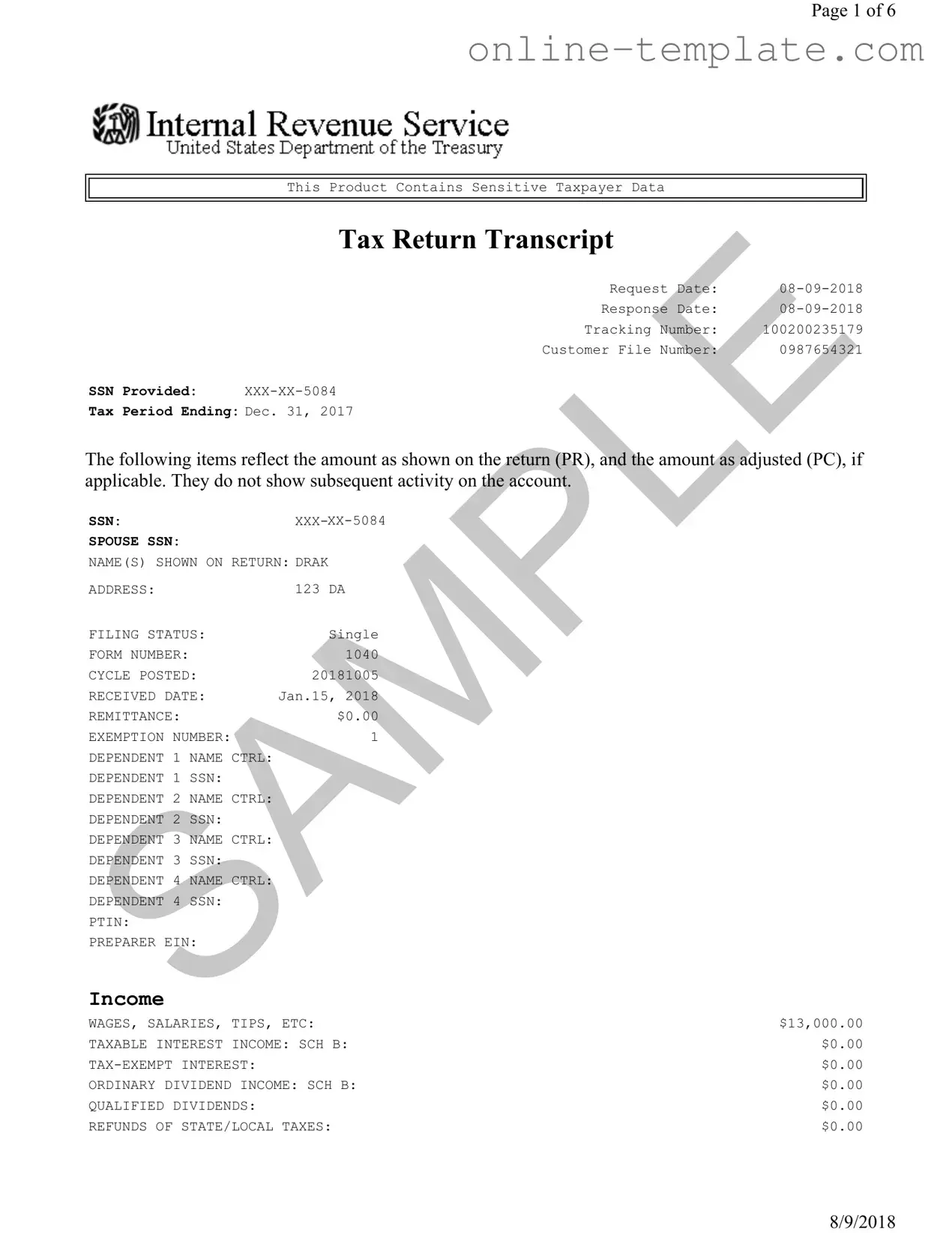 Free Sample Tax Return Transcript PDF Template