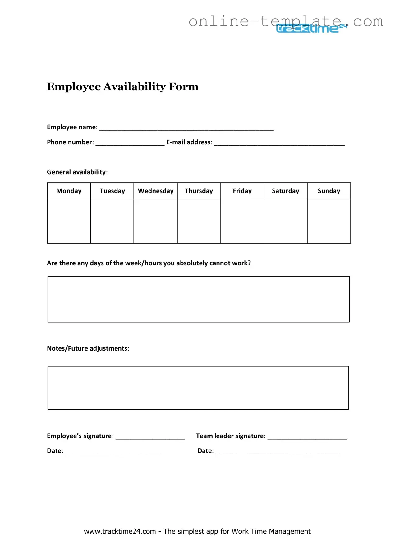 Free Employee Availability PDF Template