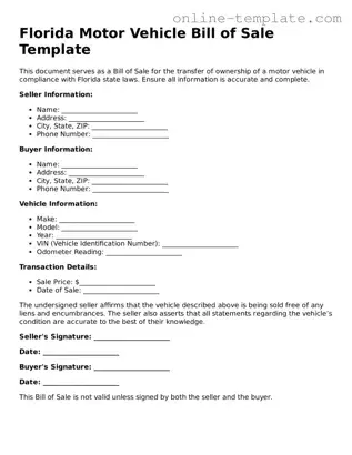 Attorney-Verified  Motor Vehicle Bill of Sale Template for Florida