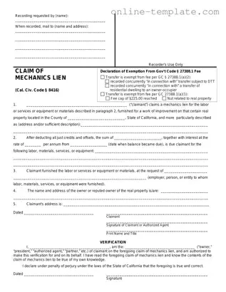 Free Mechanics Lien California PDF Template