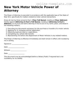Attorney-Verified  Motor Vehicle Power of Attorney Template for New York