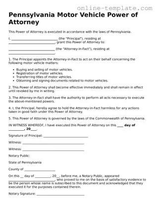 Attorney-Verified  Motor Vehicle Power of Attorney Template for Pennsylvania