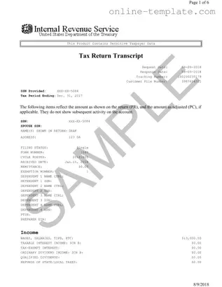 Free Sample Tax Return Transcript PDF Template