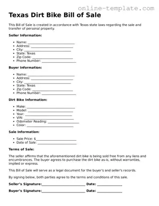 Attorney-Verified  Dirt Bike Bill of Sale Template for Texas