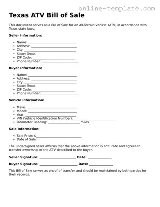 Attorney-Verified  ATV Bill of Sale Template for Texas