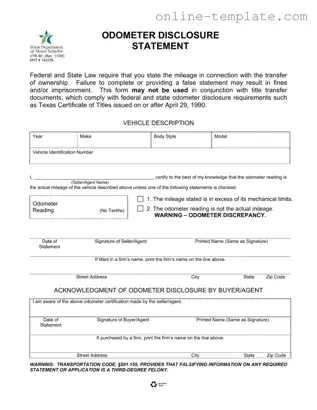 Free Texas Odometer Statement PDF Template