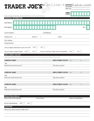 Free Trader Joe's application PDF Template