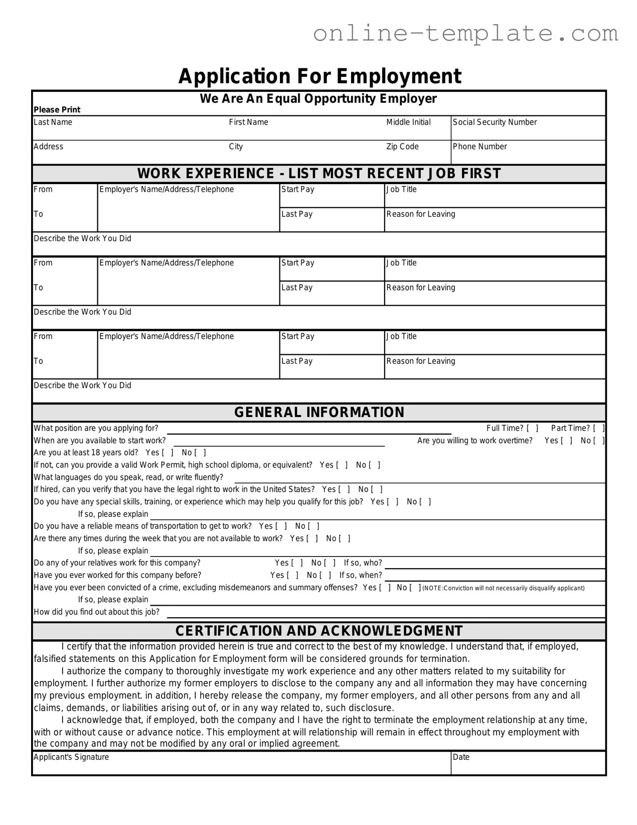 Free Spanish Application Employment PDF Template