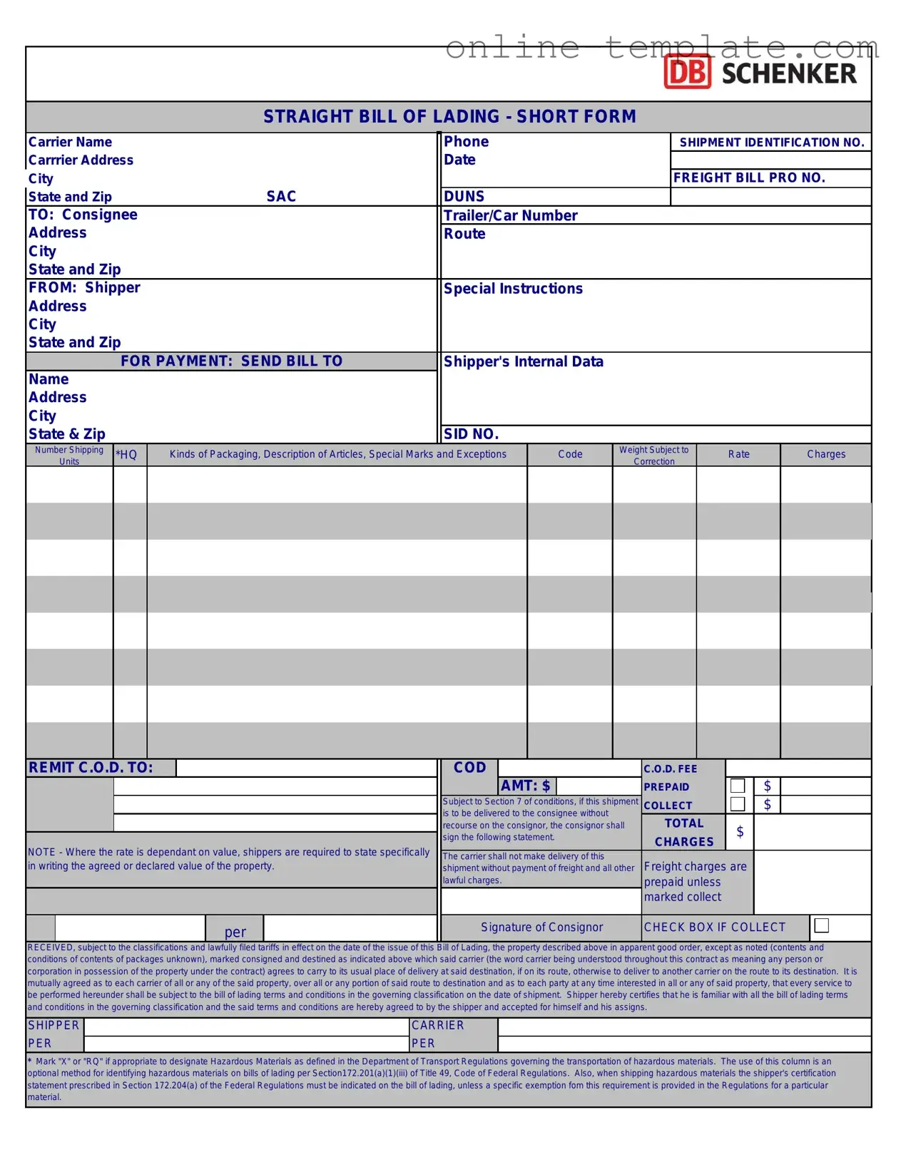 Free Straight Bill Of Lading PDF Template