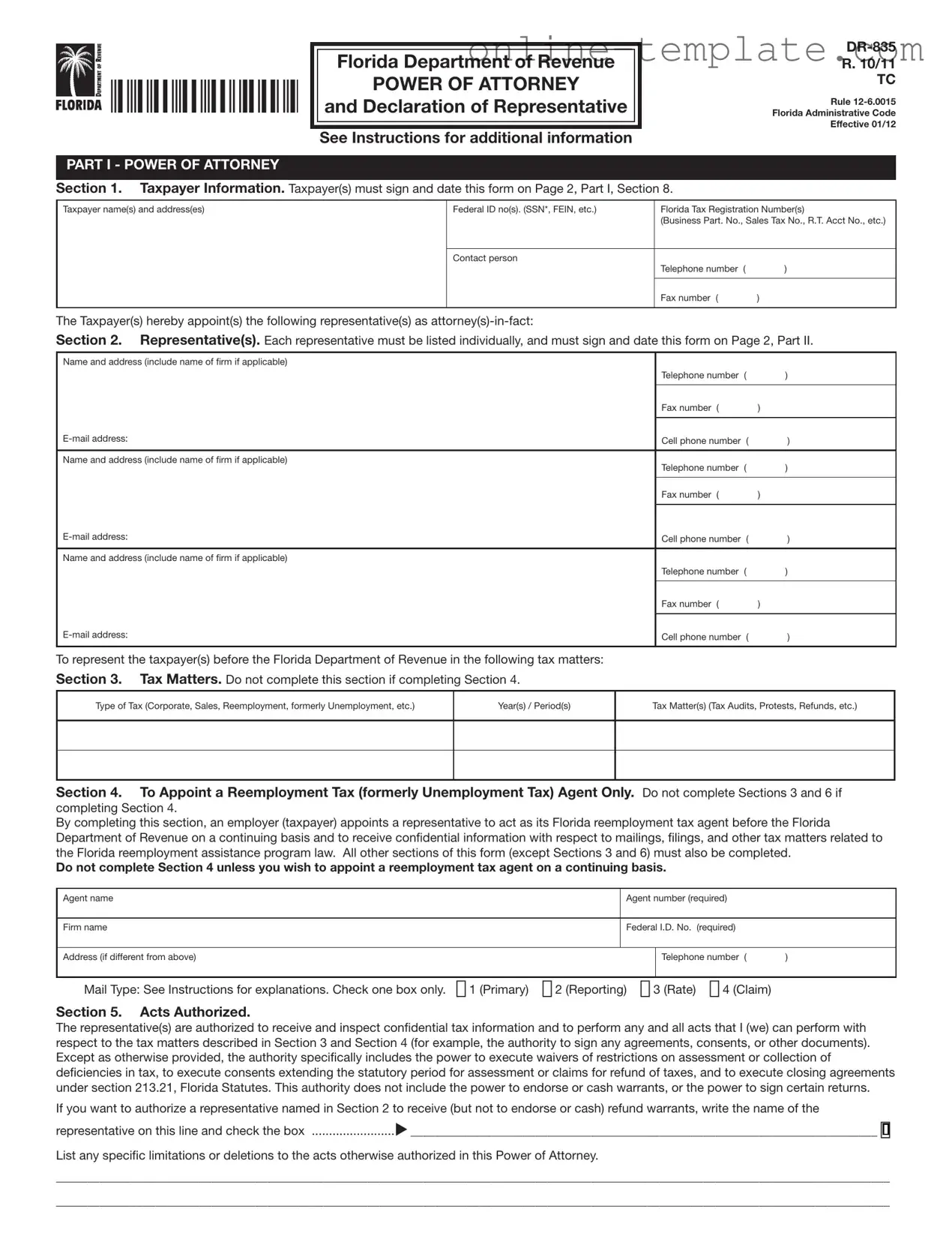 Free Tax POA dr 835 PDF Template