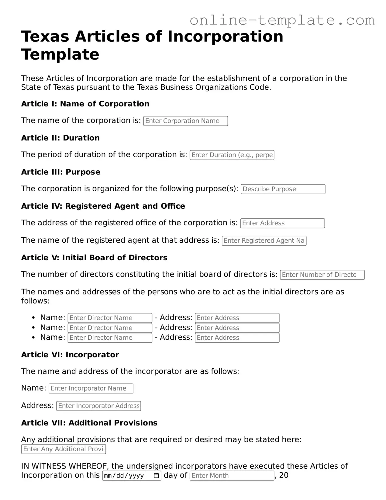 Attorney-Verified  Articles of Incorporation Template for Texas