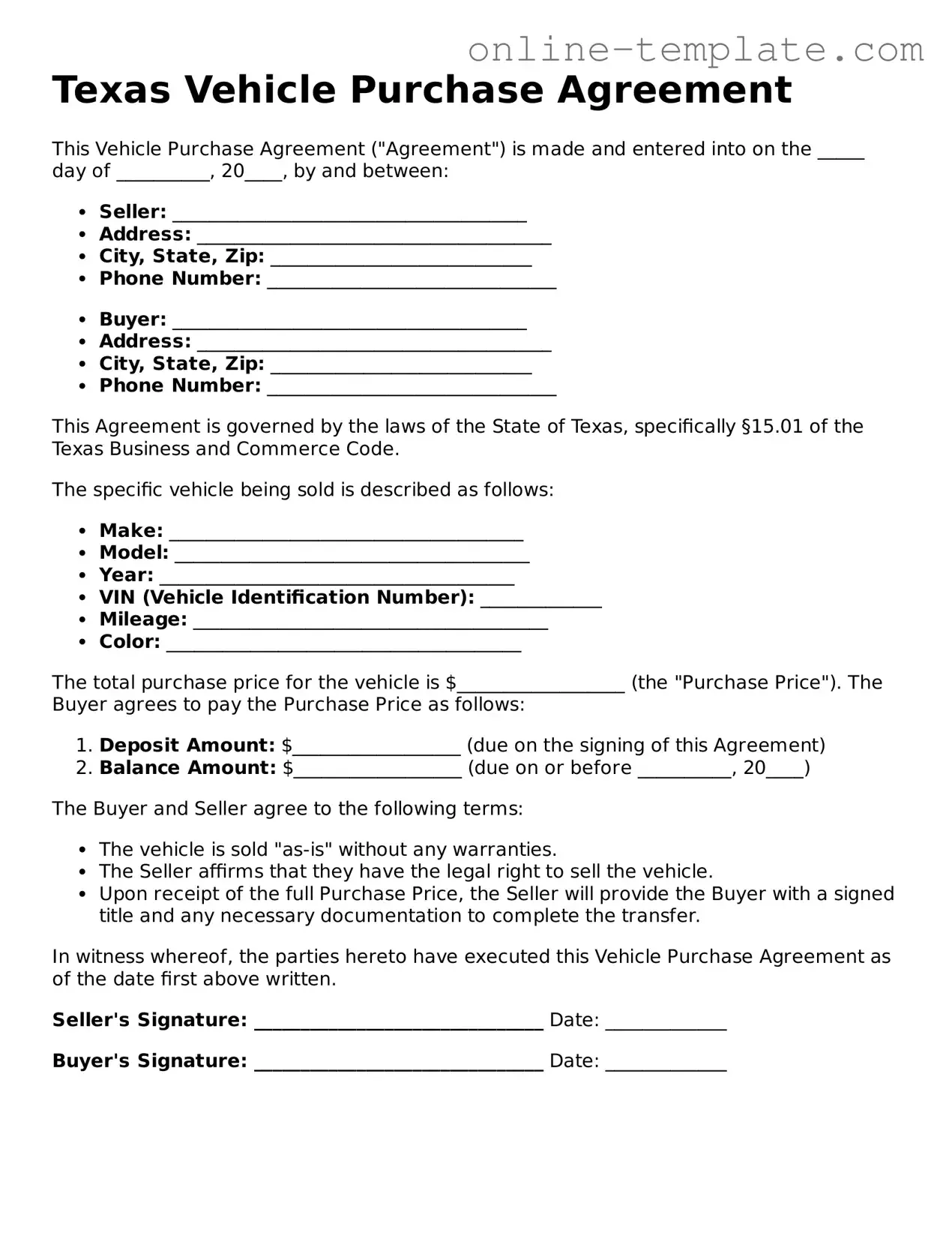 Attorney-Verified  Vehicle Purchase Agreement Template for Texas