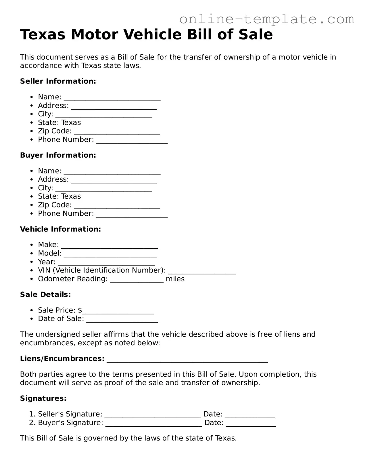 Attorney-Verified  Motor Vehicle Bill of Sale Template for Texas