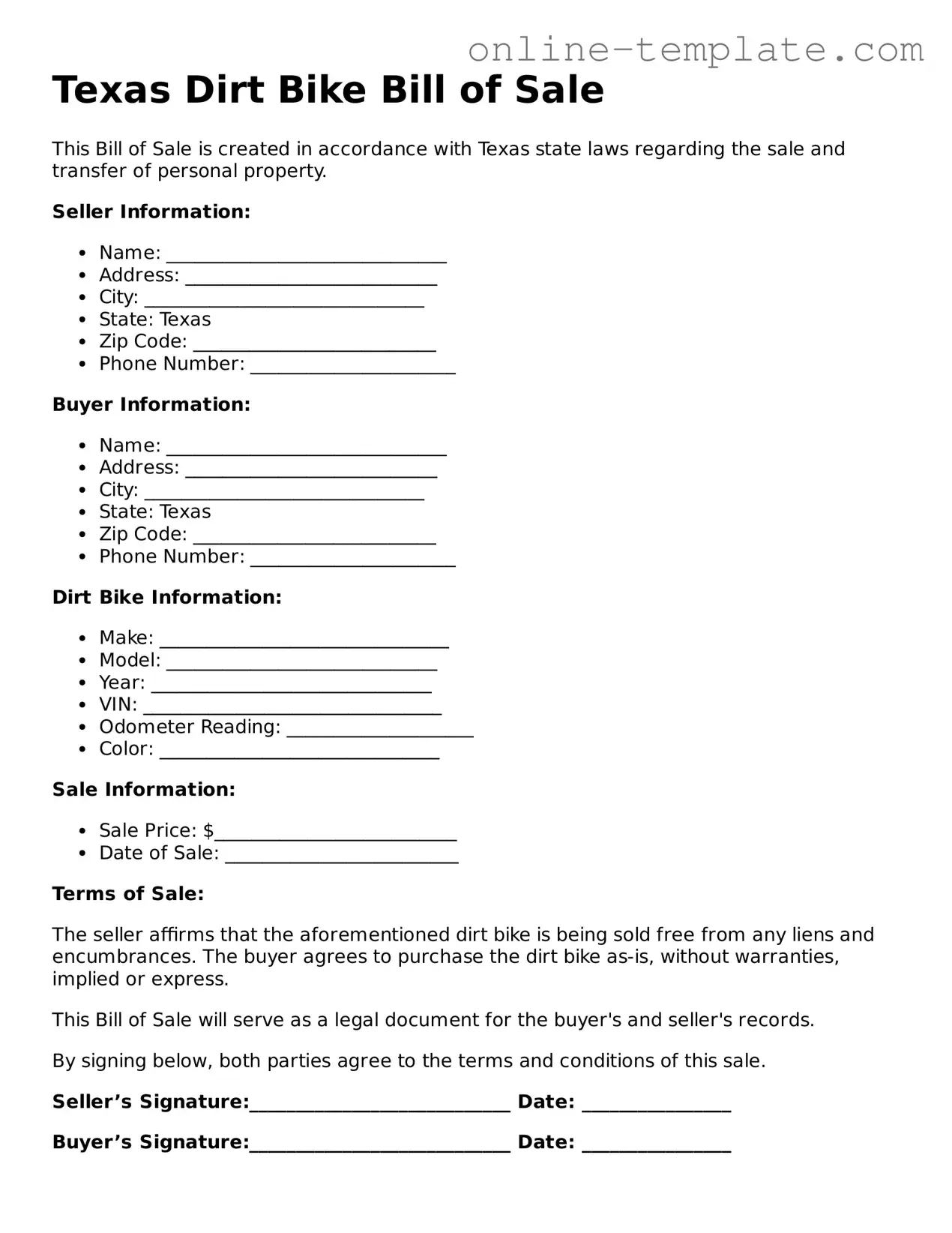 Attorney-Verified  Dirt Bike Bill of Sale Template for Texas