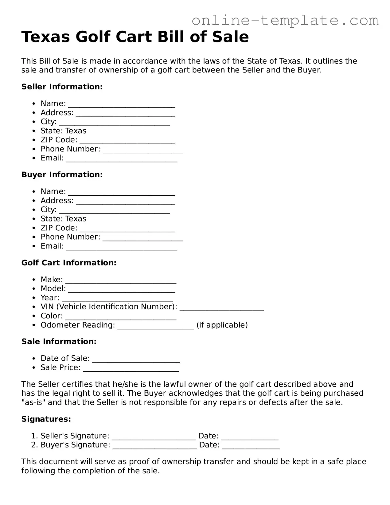 Attorney-Verified  Golf Cart Bill of Sale Template for Texas