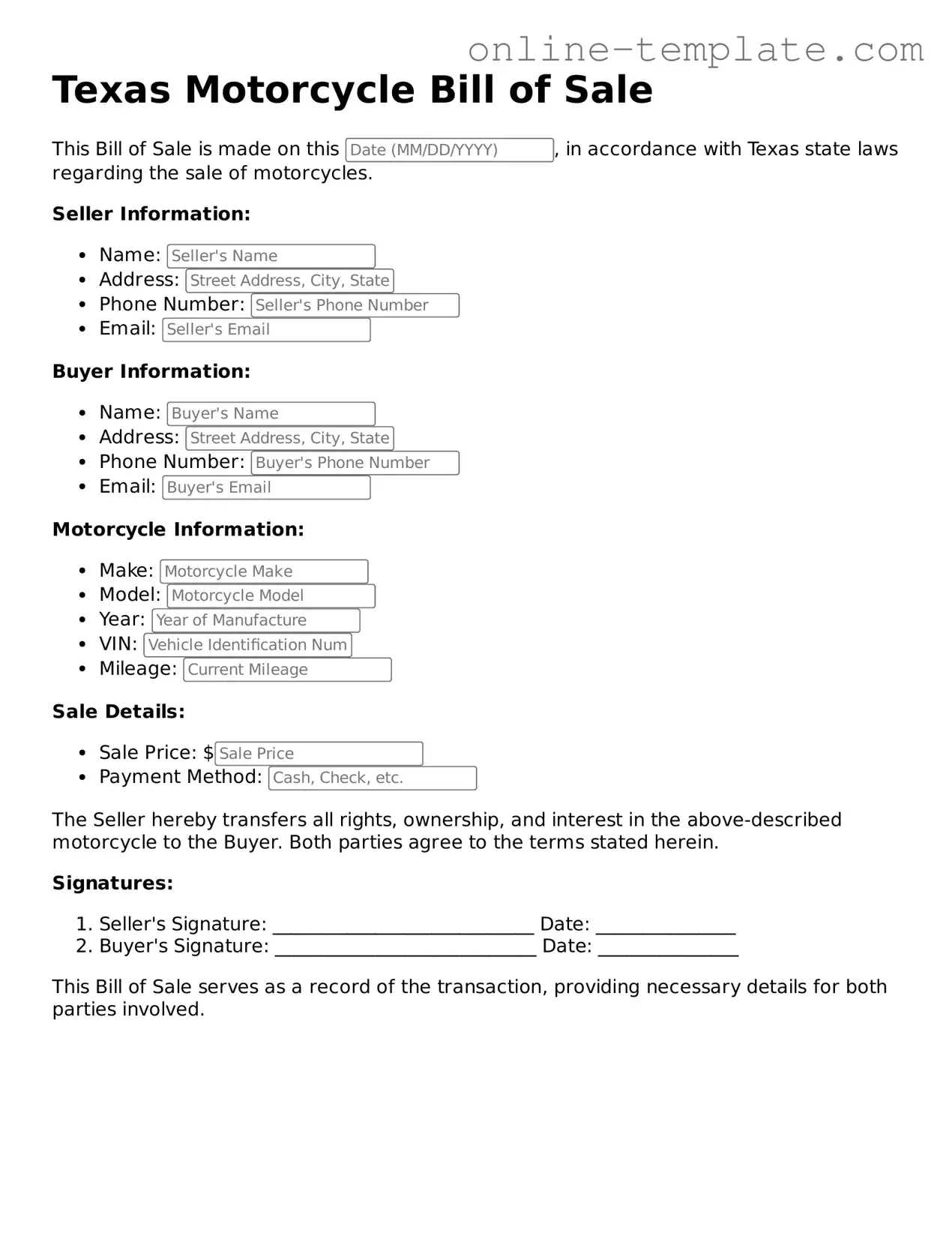 Attorney-Verified  Motorcycle Bill of Sale Template for Texas