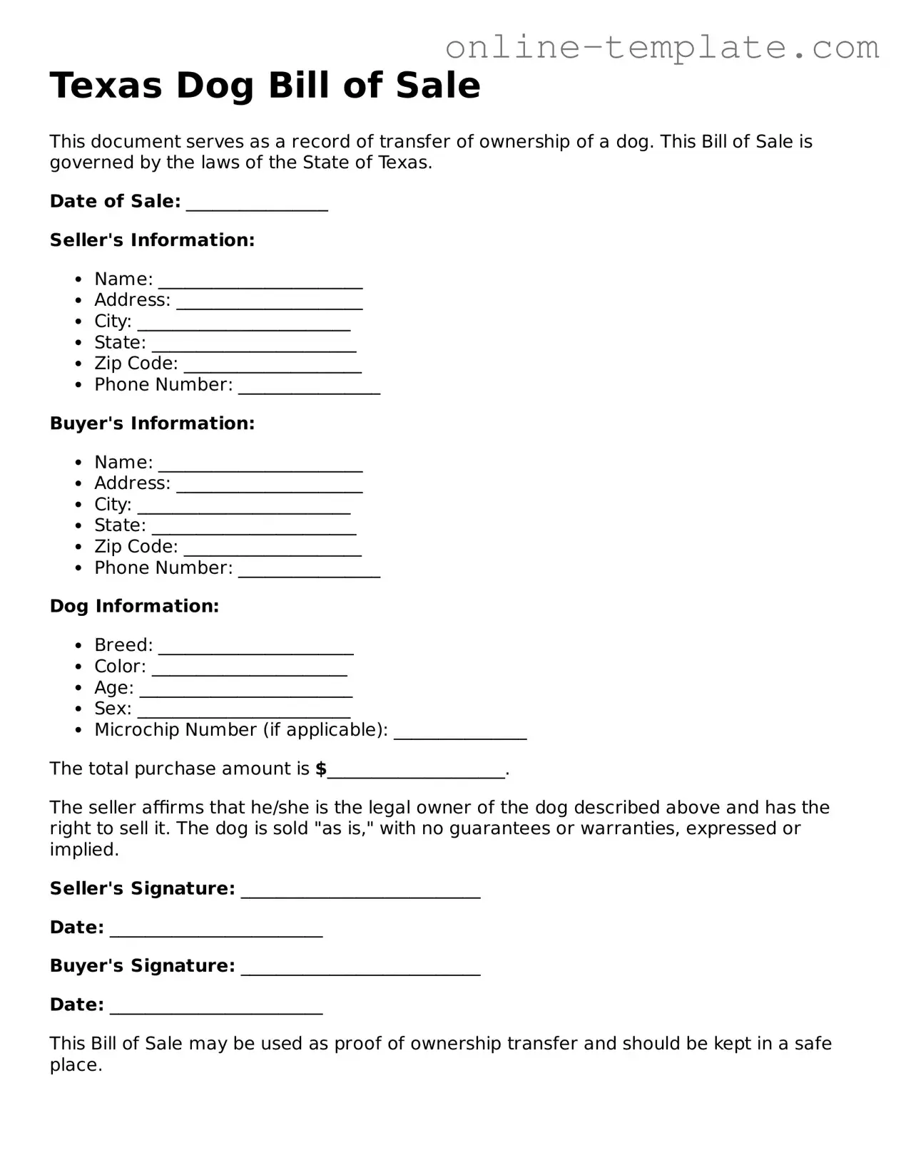 Attorney-Verified  Dog Bill of Sale Template for Texas