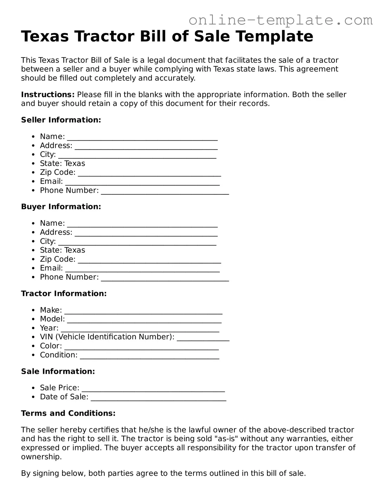 Attorney-Verified  Tractor Bill of Sale Template for Texas