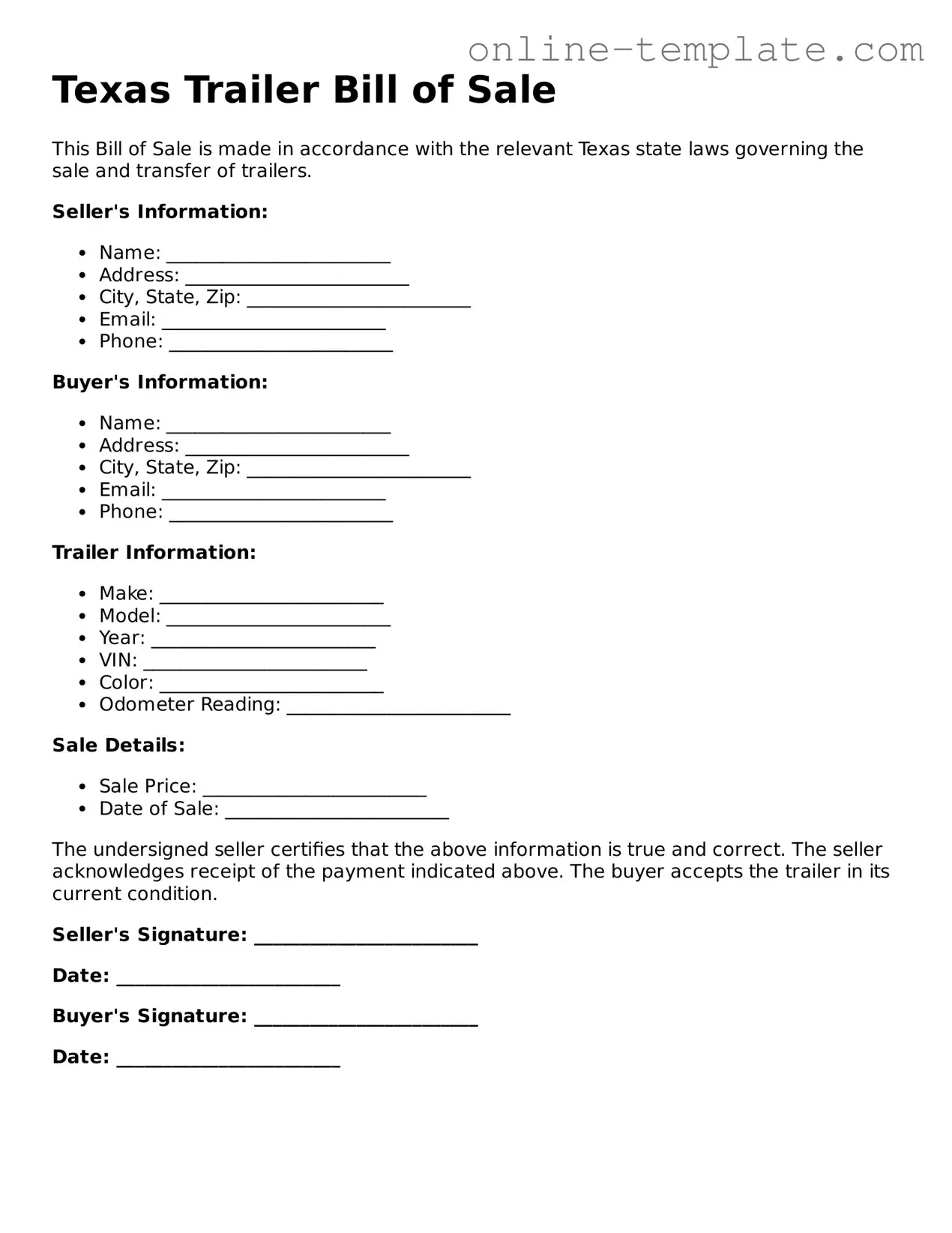 Attorney-Verified  Trailer Bill of Sale Template for Texas