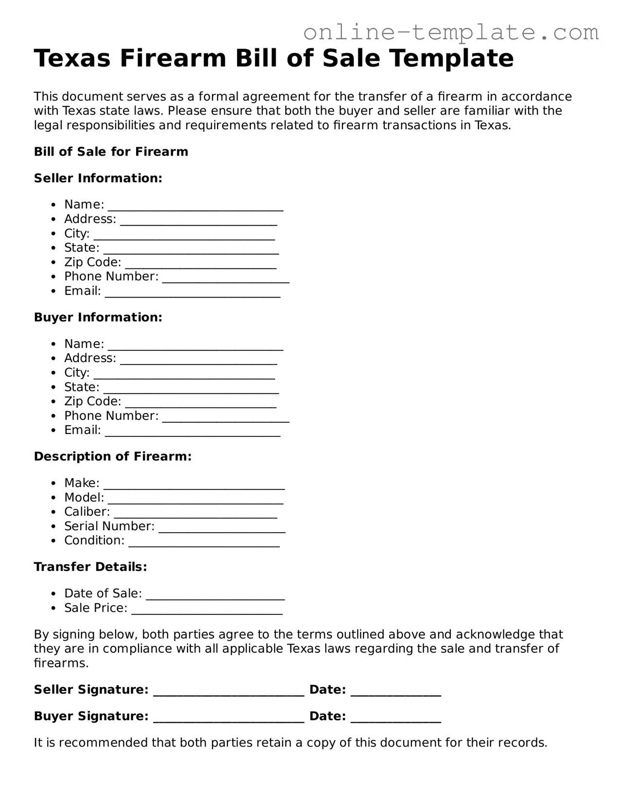 Attorney-Verified  Firearm Bill of Sale Template for Texas