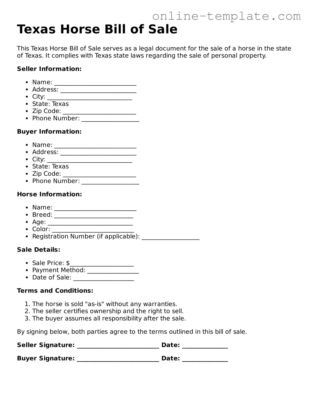 Attorney-Verified  Horse Bill of Sale Template for Texas
