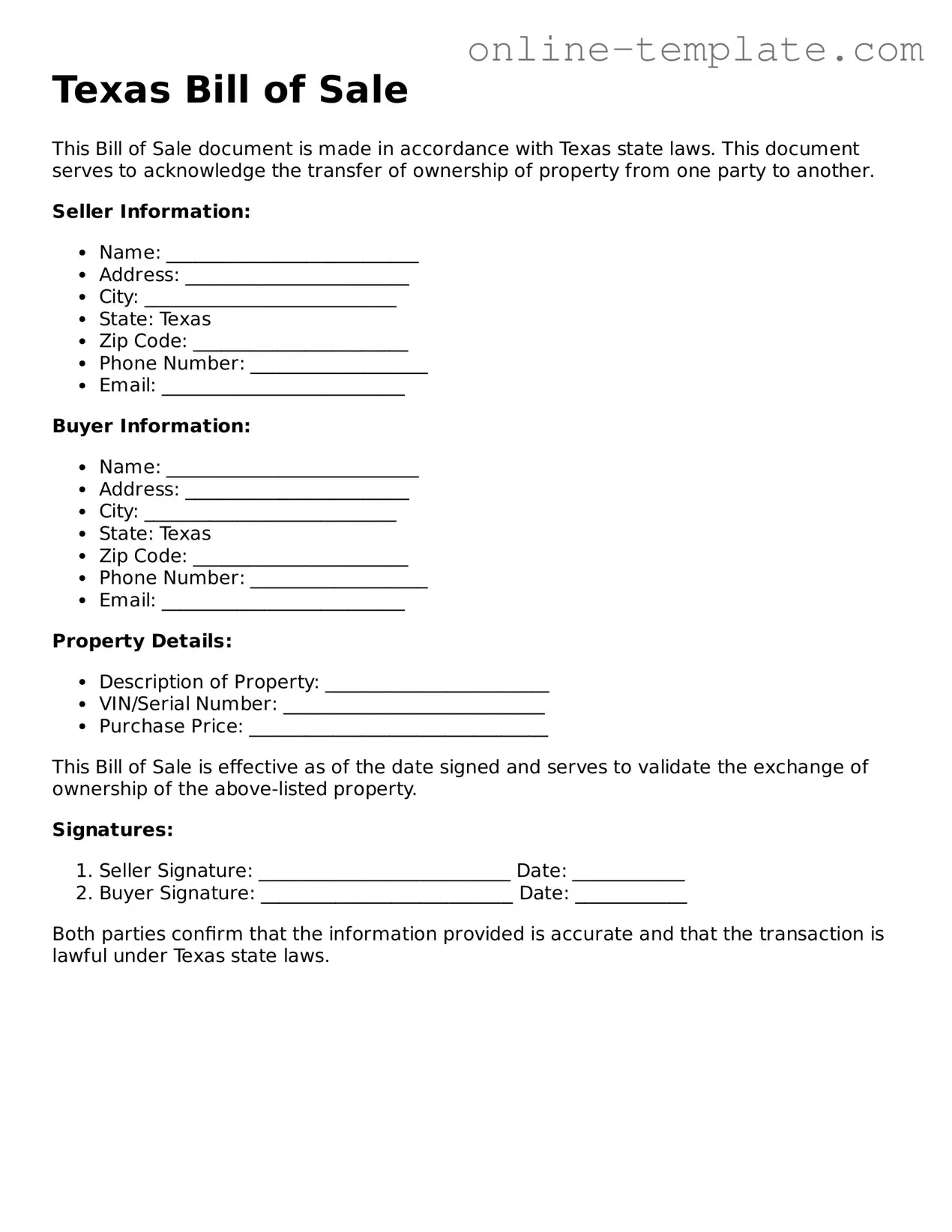 Attorney-Verified  Bill of Sale Template for Texas