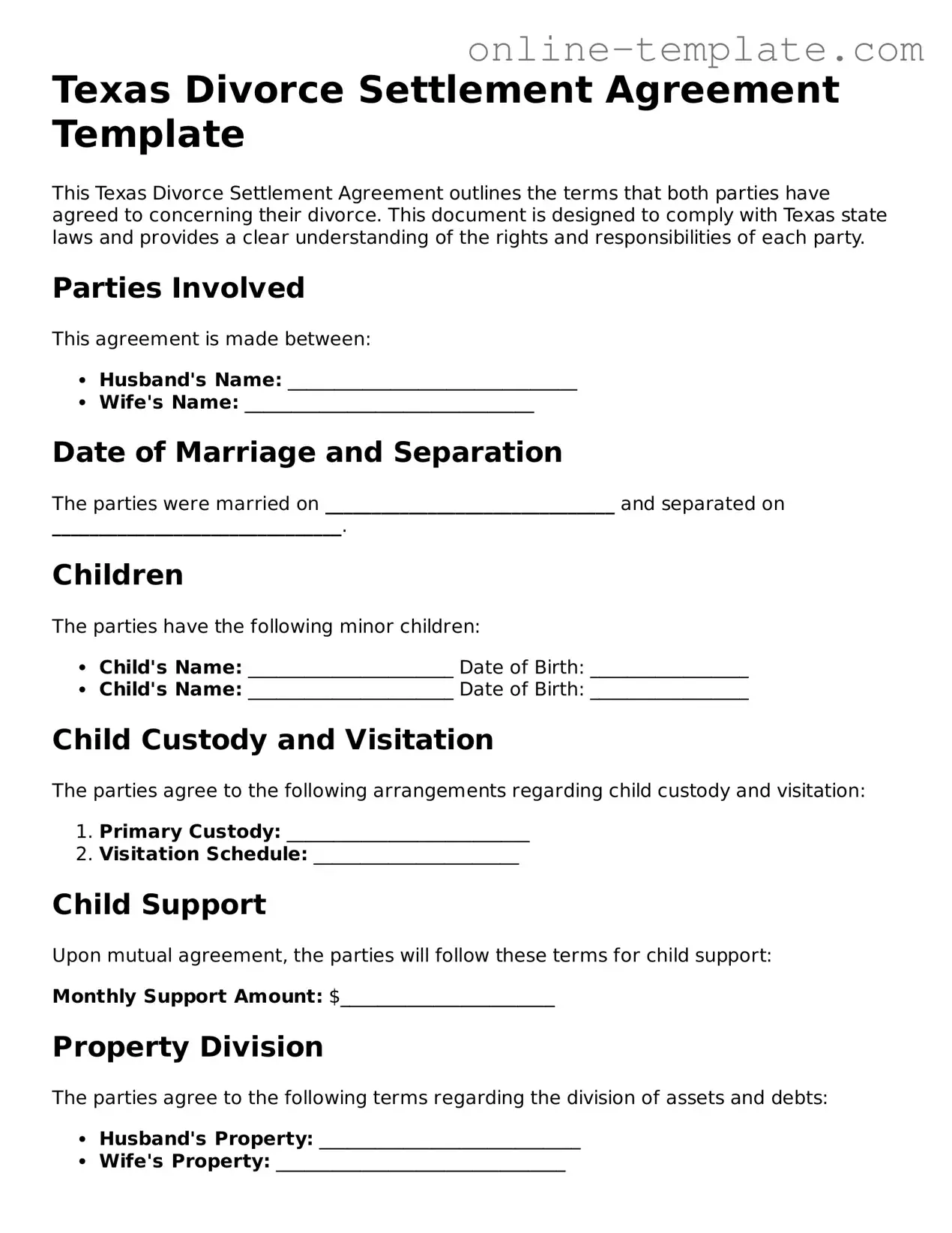 Attorney-Verified  Divorce Settlement Agreement Template for Texas