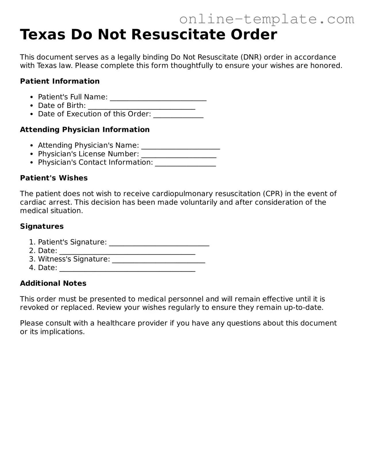 Attorney-Verified  Do Not Resuscitate Order Template for Texas