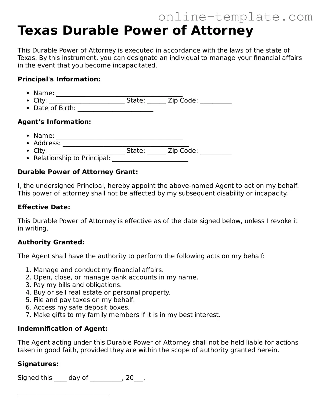 Attorney-Verified  Durable Power of Attorney Template for Texas
