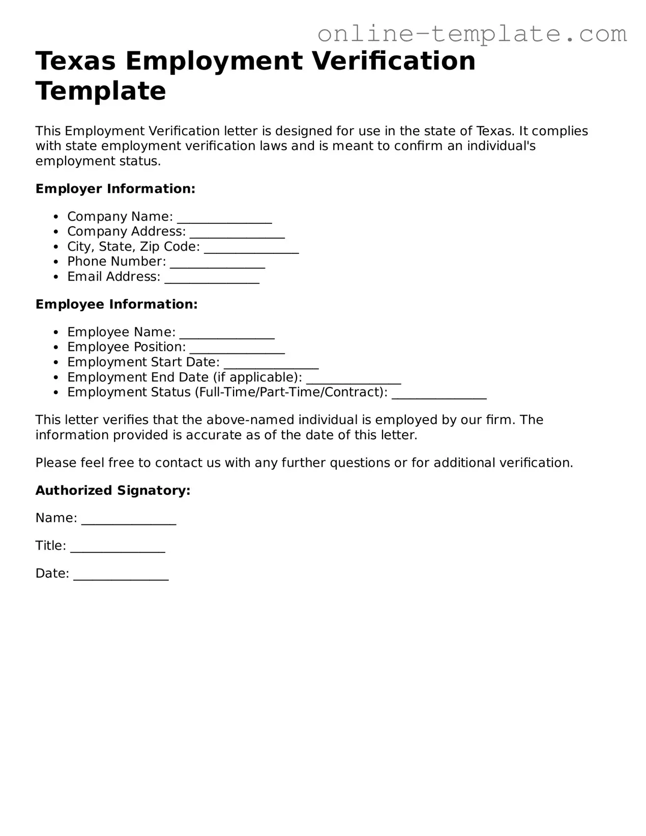 Attorney-Verified  Employment Verification Template for Texas