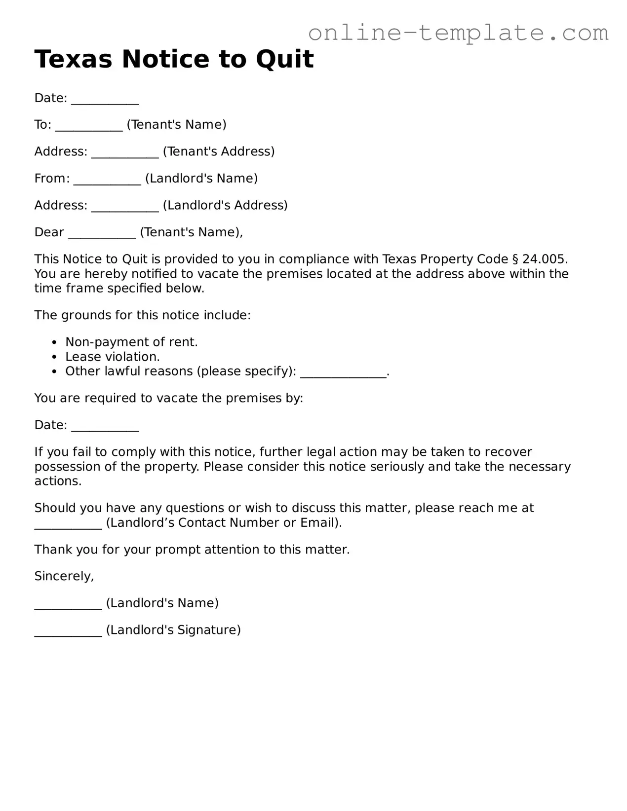 Attorney-Verified  Notice to Quit Template for Texas