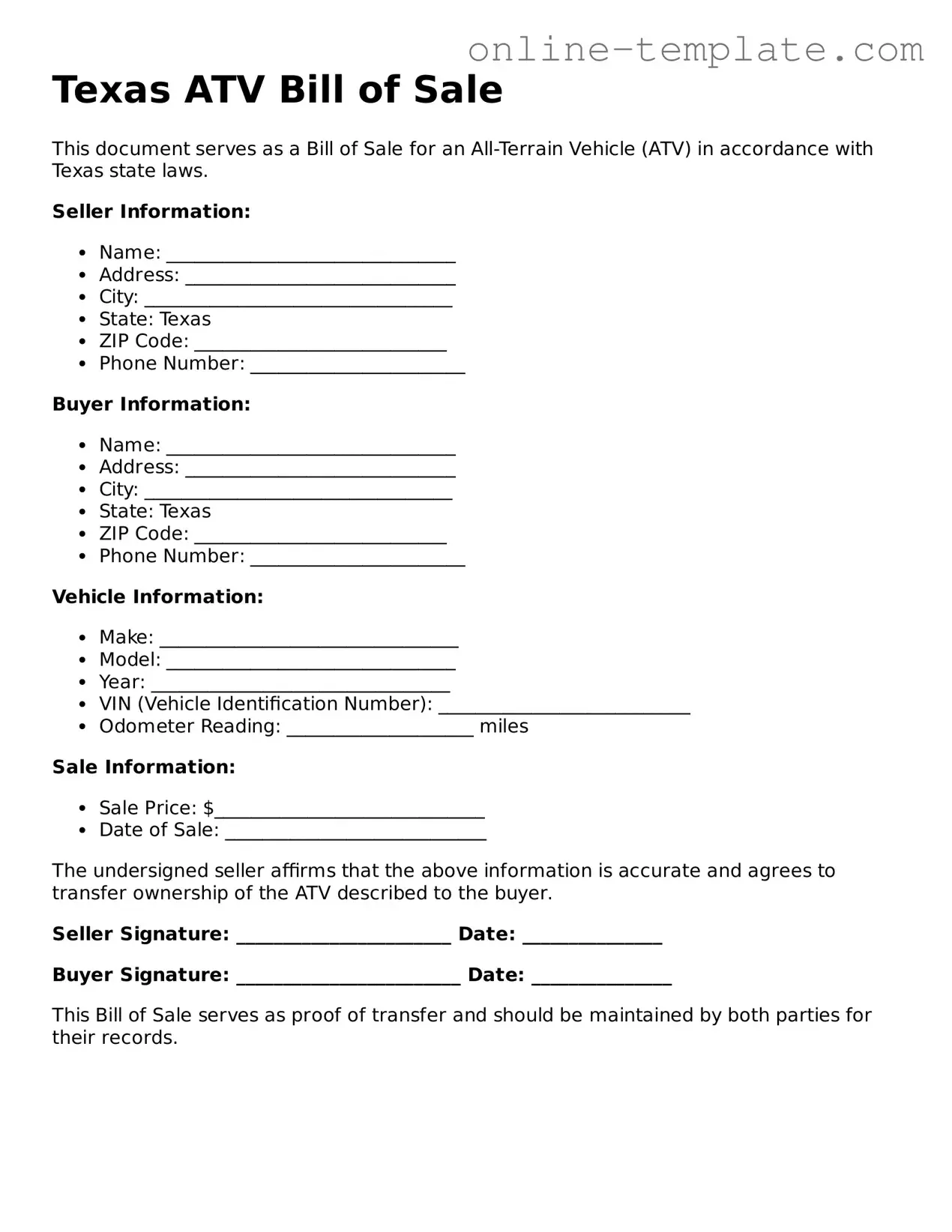 Attorney-Verified  ATV Bill of Sale Template for Texas