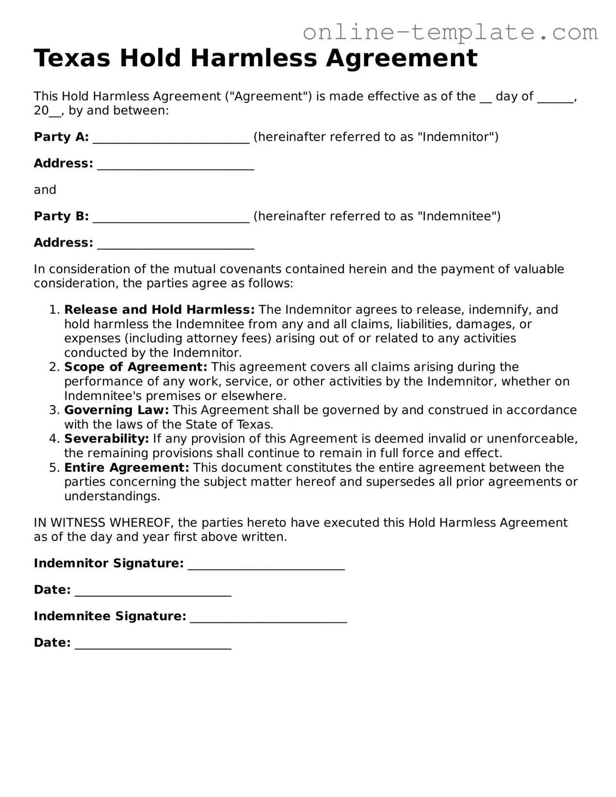 Attorney-Verified  Hold Harmless Agreement Template for Texas