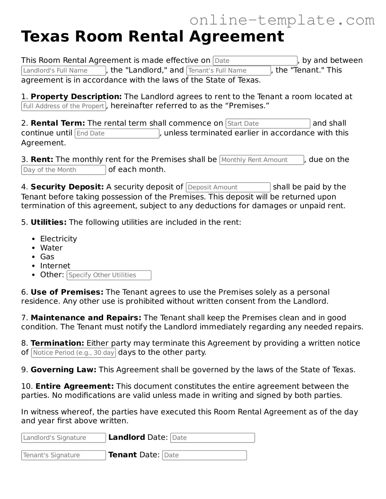 Attorney-Verified  Room Rental Agreement Template for Texas