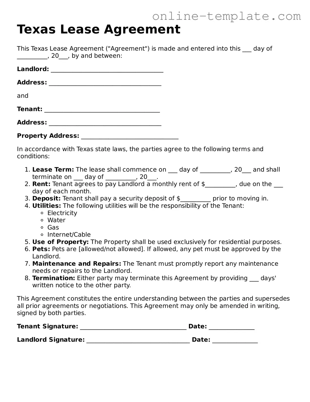 Attorney-Verified  Lease Agreement Template for Texas