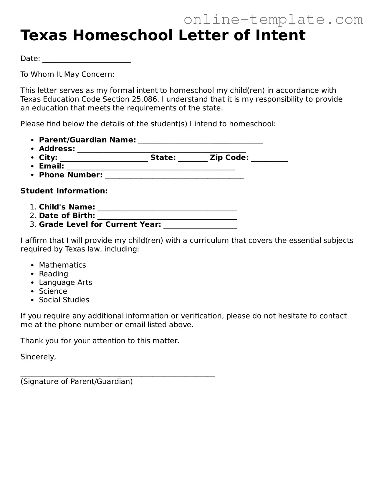 Attorney-Verified  Homeschool Letter of Intent Template for Texas