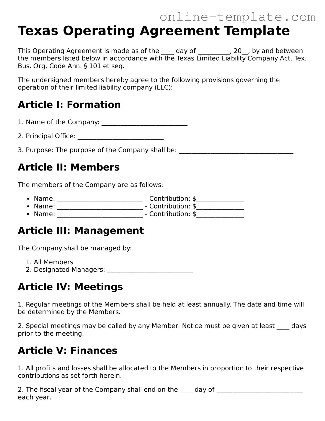 Attorney-Verified  Operating Agreement Template for Texas