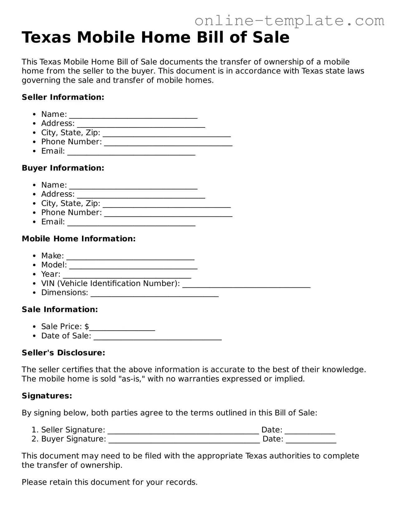 Attorney-Verified  Mobile Home Bill of Sale Template for Texas