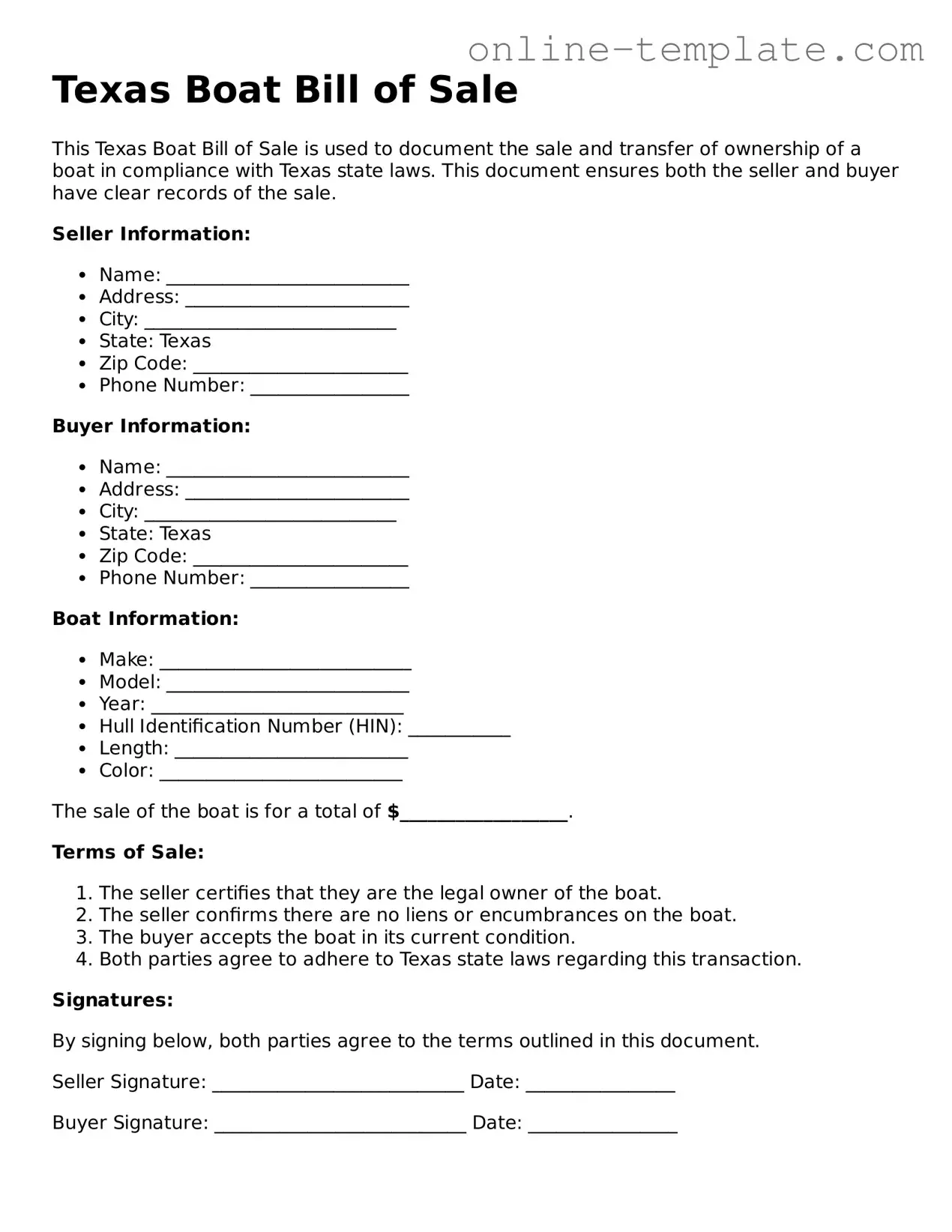 Attorney-Verified  Boat Bill of Sale Template for Texas