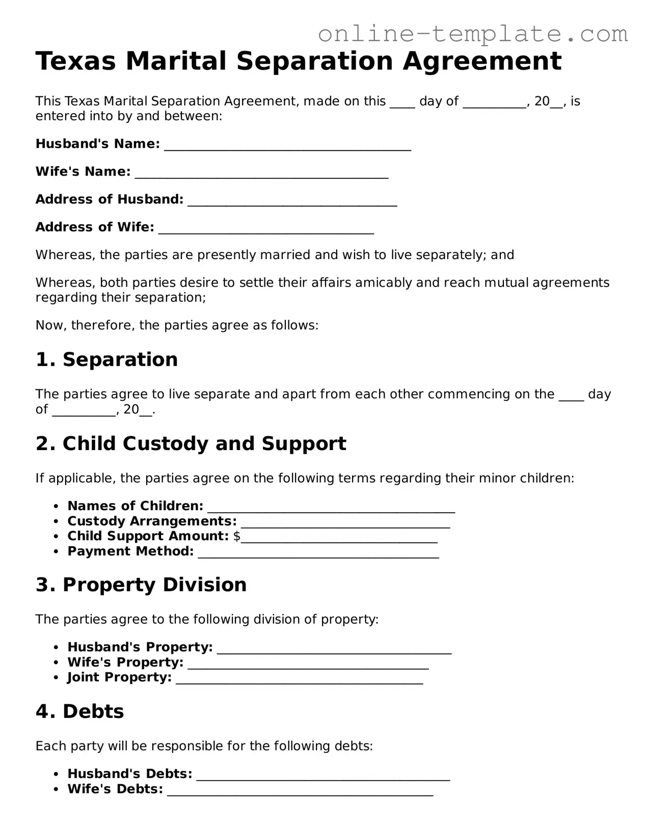 Attorney-Verified  Marital Separation Agreement Template for Texas