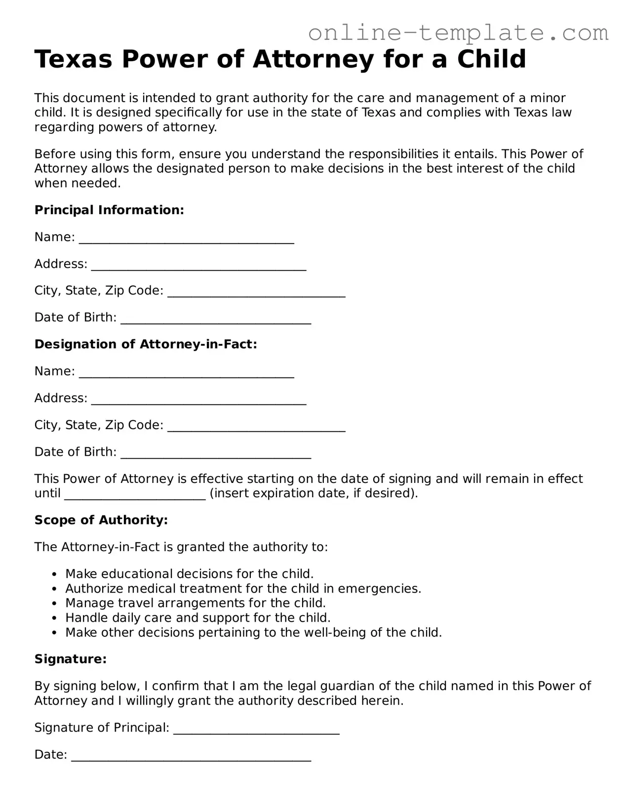 Attorney-Verified  Power of Attorney for a Child Template for Texas