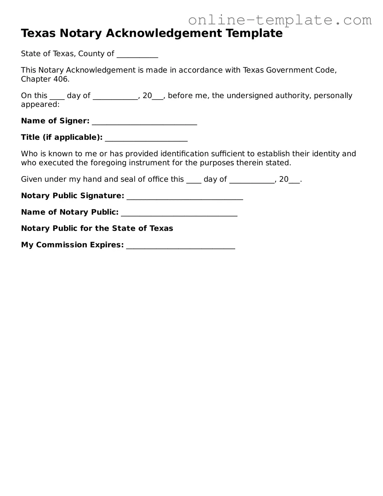 Attorney-Verified  Notary Acknowledgement Template for Texas