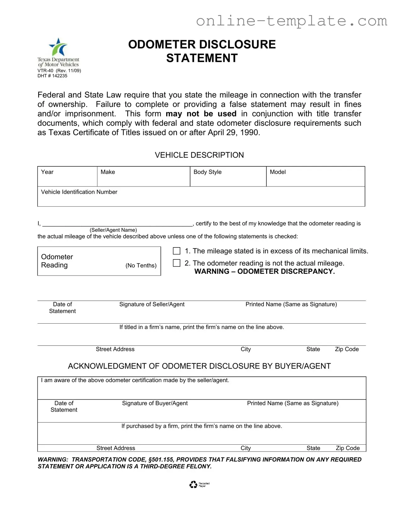 Free Texas Odometer Statement PDF Template