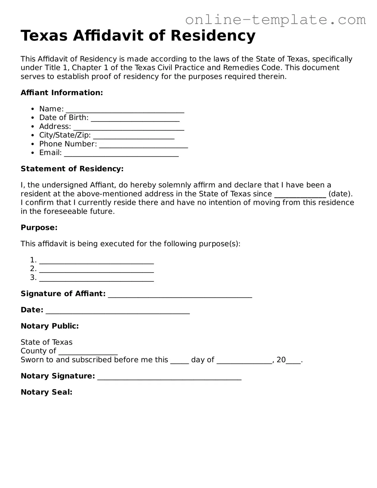 Attorney-Verified  Affidavit of Residency Template for Texas