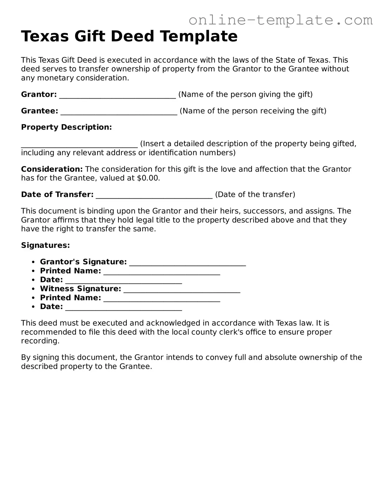 Attorney-Verified  Gift Deed Template for Texas