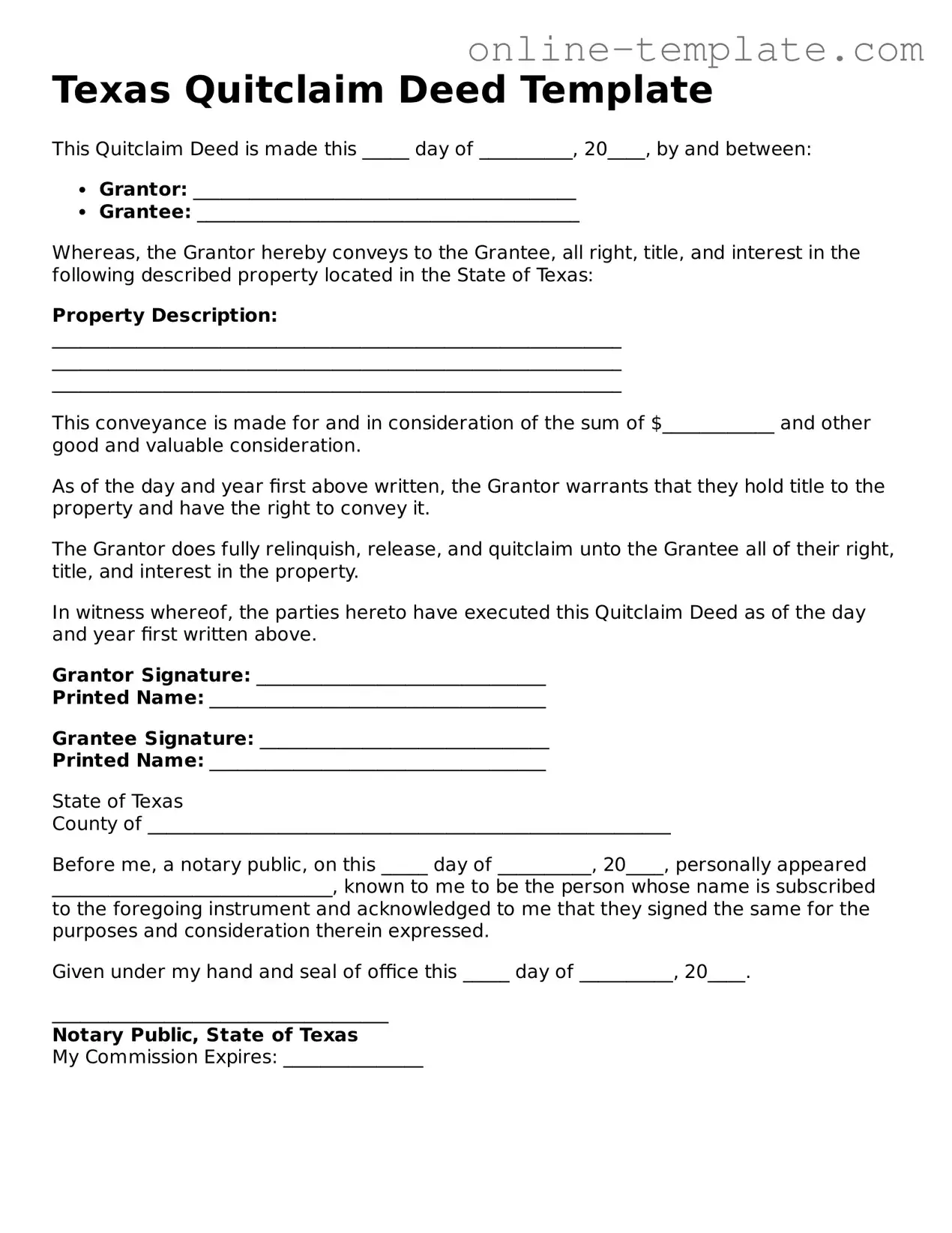 Attorney-Verified  Quitclaim Deed Template for Texas