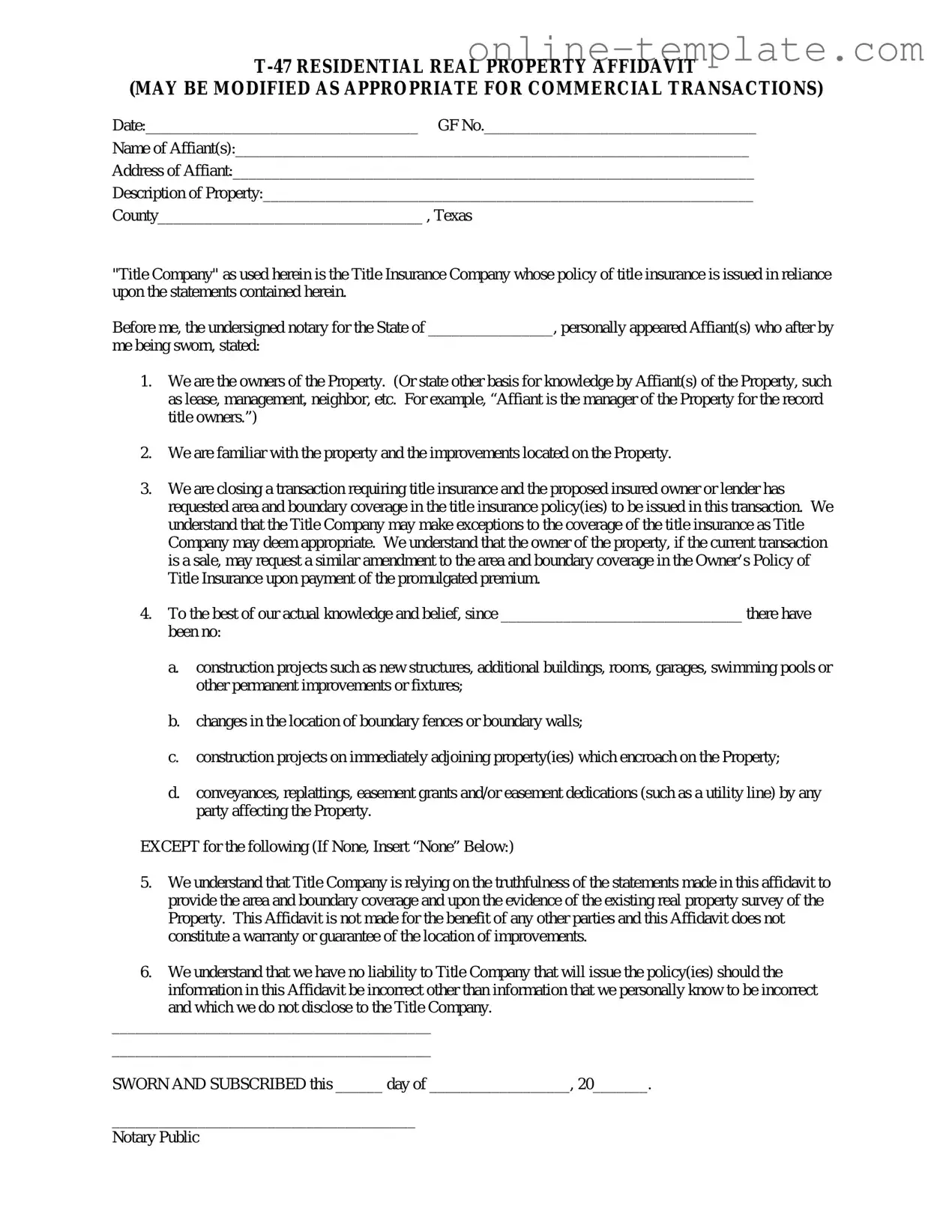 Free Texas residential property affidavit T-47 PDF Template