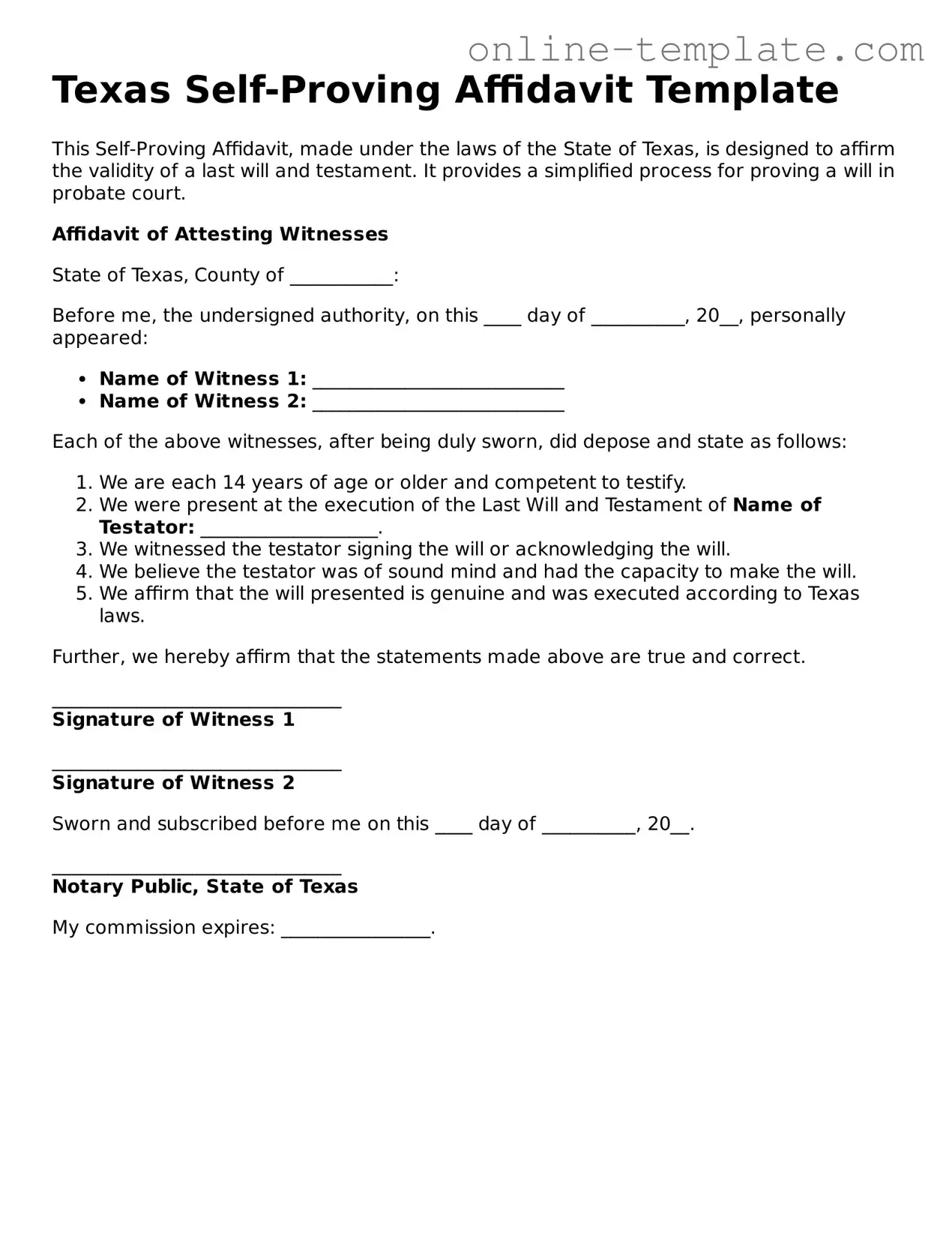 Attorney-Verified  Self-Proving Affidavit Template for Texas